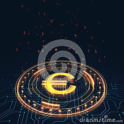 Glowing Euro Symbol with Digital Binary Code on Dark Background. 3D Rendering Stock Photo