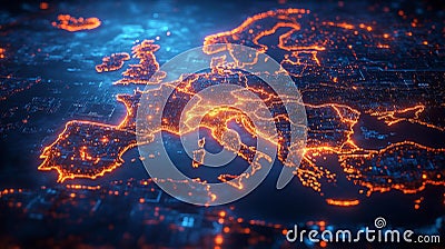 Glowing European Map with Data Networks Generative AI Stock Photo