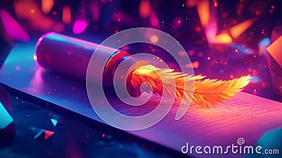 Glowing Feather In Scroll With Surreal Particle And Abstract Background Stock Photo