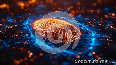 Glowing Fingerprint, Digital Data, Network Security, Abstract Background Stock Photo