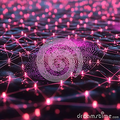 Glowing Fingerprint on Network Digital Identity, Cybersecurity, Big Data, 3D Render. Stock Photo