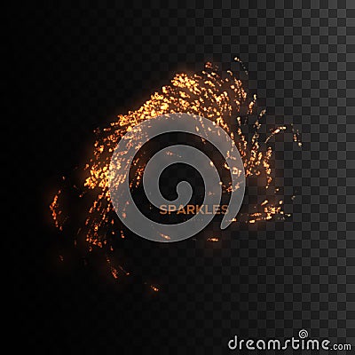 Glowing fire sparkles isolated on black background. Vector Illustration
