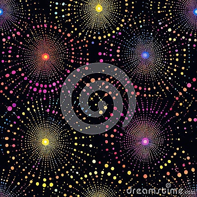 A glowing firework burst pattern, where circles explode into colorful sparkles on a deep night sky Stock Photo