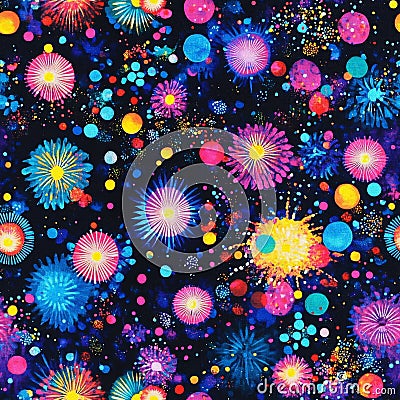 A glowing firework burst pattern, where circles explode into colorful sparkles on a deep night sky Stock Photo