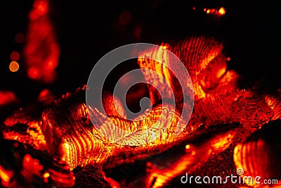 Glowing Flaming Hot Heat Wood Charcoal in fire-box Stock Photo