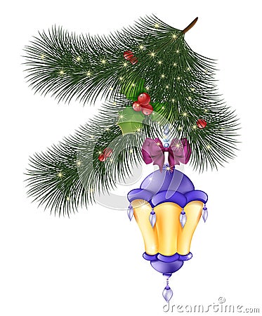 Glowing flashlight with a bow on the Christmas tree with beads and flowers Vector Illustration