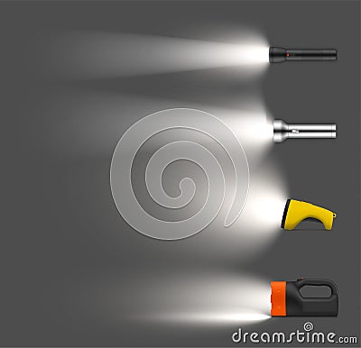 Glowing flashlights set realistic vector illustration electric handy portable lamp night searching Vector Illustration