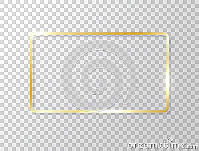 Glowing frame isolated on transparent background. Gold luxury rectangle border. Golden banner with lights effects Vector Illustration