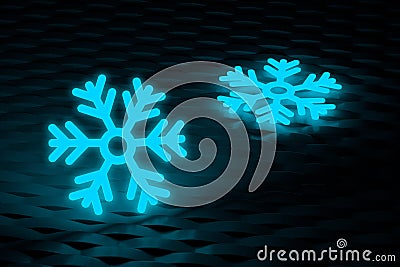 Glowing frozen snowflakes on dark wall. Neon effect. Large snowfalls in winter Stock Photo