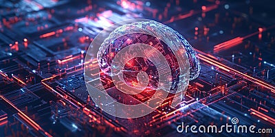 A glowing futuristic AI-powered neural enhancement chip, featuring cybernetic direct brain-interface Stock Photo