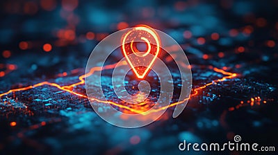 A glowing futuristic GPS location icon on a digital map, representing advanced navigation and geolocation technology in a cyber- Stock Photo