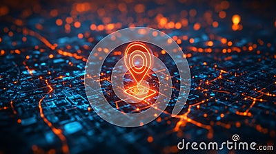 A glowing futuristic GPS location icon on a digital map, representing advanced navigation and geolocation technology in a cyber- Stock Photo