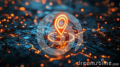 A glowing futuristic GPS location icon on a digital map, representing advanced navigation and geolocation technology in a cyber- Stock Photo