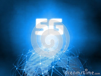 Glowing 5G text on 3D Rendering blue dotted world and abstract wired global network background. For telecom, communication Stock Photo