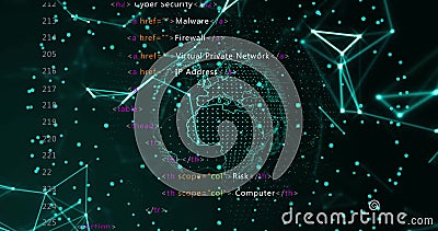 Glowing geometric shapes and coding image over rotating globe Stock Photo