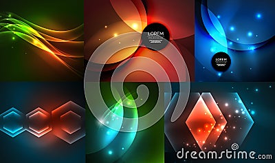 Glowing geometric shapes on dark abstract backgrounds Vector Illustration