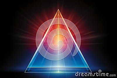 Glowing Geometric Triangular Prism, Abstract Energy Source, Light Spectrum, Conceptual Background Stock Photo
