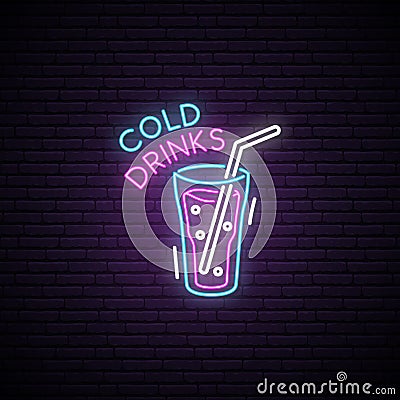 Glowing Glass of cold drink. Neon sign. Vector Illustration