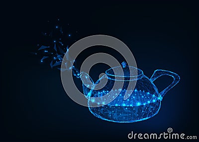 Glowing glass kettle with boiling water and steam isolated on dark blue background. Vector Illustration