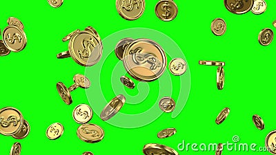 Glowing gold coins fall on a green background from above. Glowing gold coins fall on a green background from above Stock Photo