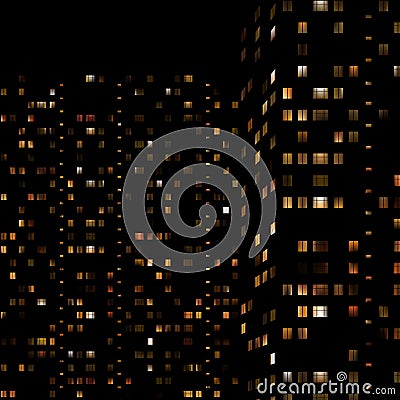 Glowing gold windows of buildings at night on a black background. City night landscape, view. High buildings, window lights Vector Illustration