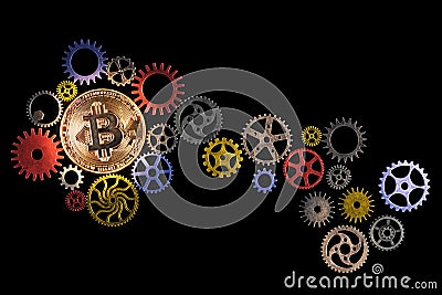 Glowing golden bitcoin and path of colorful cog wheels on black background with copy space. Stock Photo