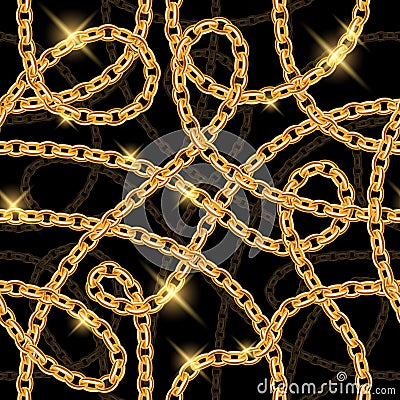 Glowing golden serpentine chains on black. Vector Illustration