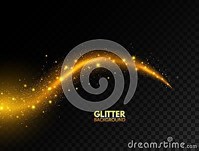 Glowing golden wave. Glitter gold curved lines. Star dust. Sparkling magic wave with bright particles. Fire glare swirl Vector Illustration