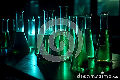 Glowing green chemicals in test tubes in dark chemistry lab. Scientist laboratory equipment. Generative AI Stock Photo