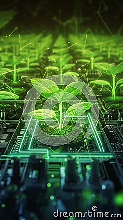 Glowing green circuits nurture small plants, symbolizing green cryptocurrency Stock Photo