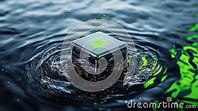 A glowing green cube splashes into rippling water creating a captivating visual contrast and dynamic energy Stock Photo
