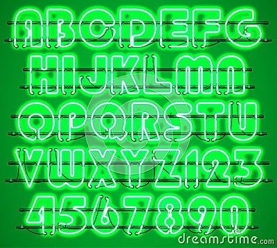Glowing Green Neon Alphabet. Stock Photo