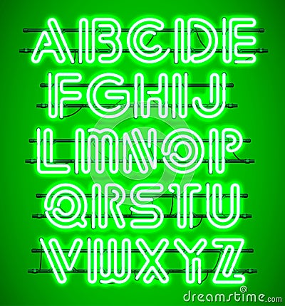 Glowing Green Neon Alphabet. Stock Photo