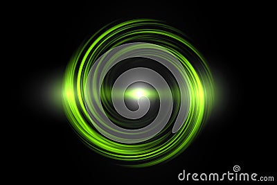 Glowing green spiral with light circle on black sky backdrop, abstract background Stock Photo