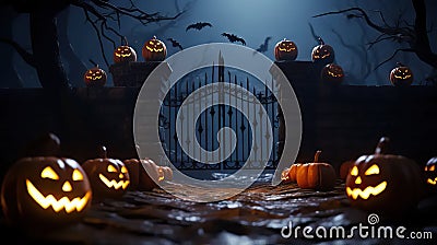 Glowing Guardians Jack O' Lanterns at the Spooky Churchyard Gate. Halloween Background. created with Generative AI Stock Photo