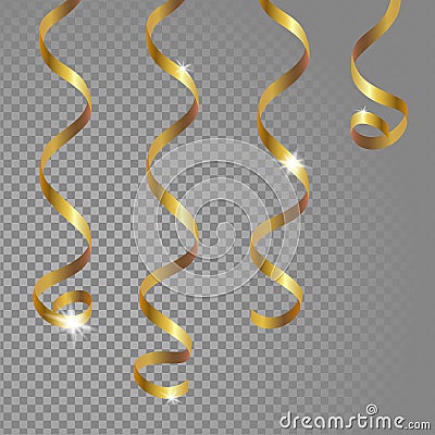 Glowing hanging curl serpentine. Golden yellow metallic color New Year Christmas decoration design element gold streamer Vector Illustration