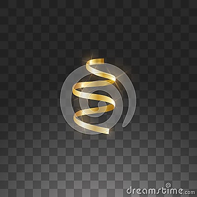 Glowing hanging curl serpentine. Golden yellow metallic color New Year Christmas decoration design element gold streamer Vector Illustration