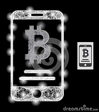 Glowing Hatched Mesh Mobile Bitcoin Account with Lightspots Vector Illustration