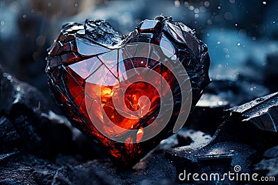 A glowing heart-shaped object amidst dark rocks, symbolizing hope in darkness. Concept of love that has endured hardship Stock Photo