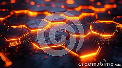 Glowing hexagonal patterns on a dark surface create an abstract representation of molten lava in a fantasy environment Stock Photo