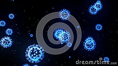 Glowing holographic image of coronavirus like covid-19 virus or influenza virus flies in air or float on black Stock Photo