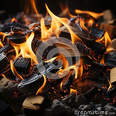 Glowing hot charcoal embers from burnt firewood in a close-up view Stock Photo