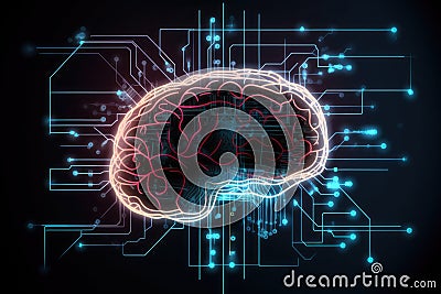 Glowing human brain on black background connected with computer circuits. Generative AI illustration Cartoon Illustration