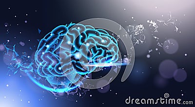 Glowing Human Brain On Poligonal Background With Shining Bokeh Light Low Poly Style Science, Medicine And Technology Vector Illustration