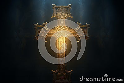 Glowing Illuminated christian cross. Generate Ai Stock Photo