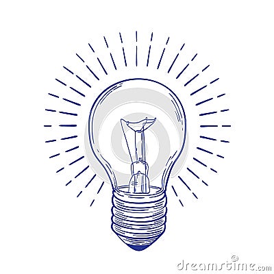 Glowing incandescent light bulb hand drawn with blue contour lines on white background. Monochrome drawing of electric Vector Illustration