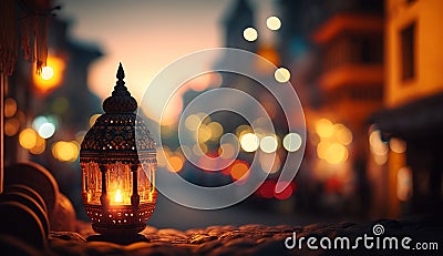 Glowing Indian Lantern and Cityscape: A Romantic Evening in the Subcontinent Stock Photo