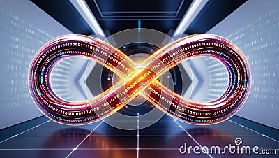 glowing infinity loop made of binary code streams symbolizes continuous learning of AI, showcasing fusion of technology and Stock Photo