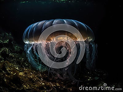 Glowing jellyfish in dark abyss Stock Photo