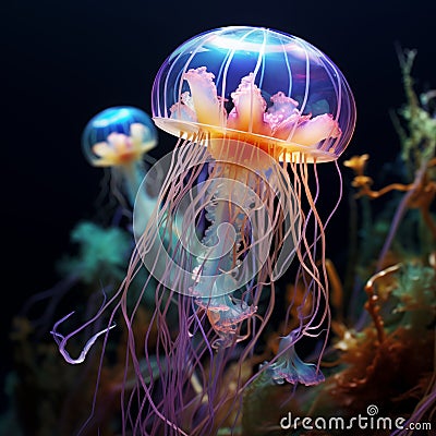 Glowing jellyfish swim in sea Cartoon Illustration